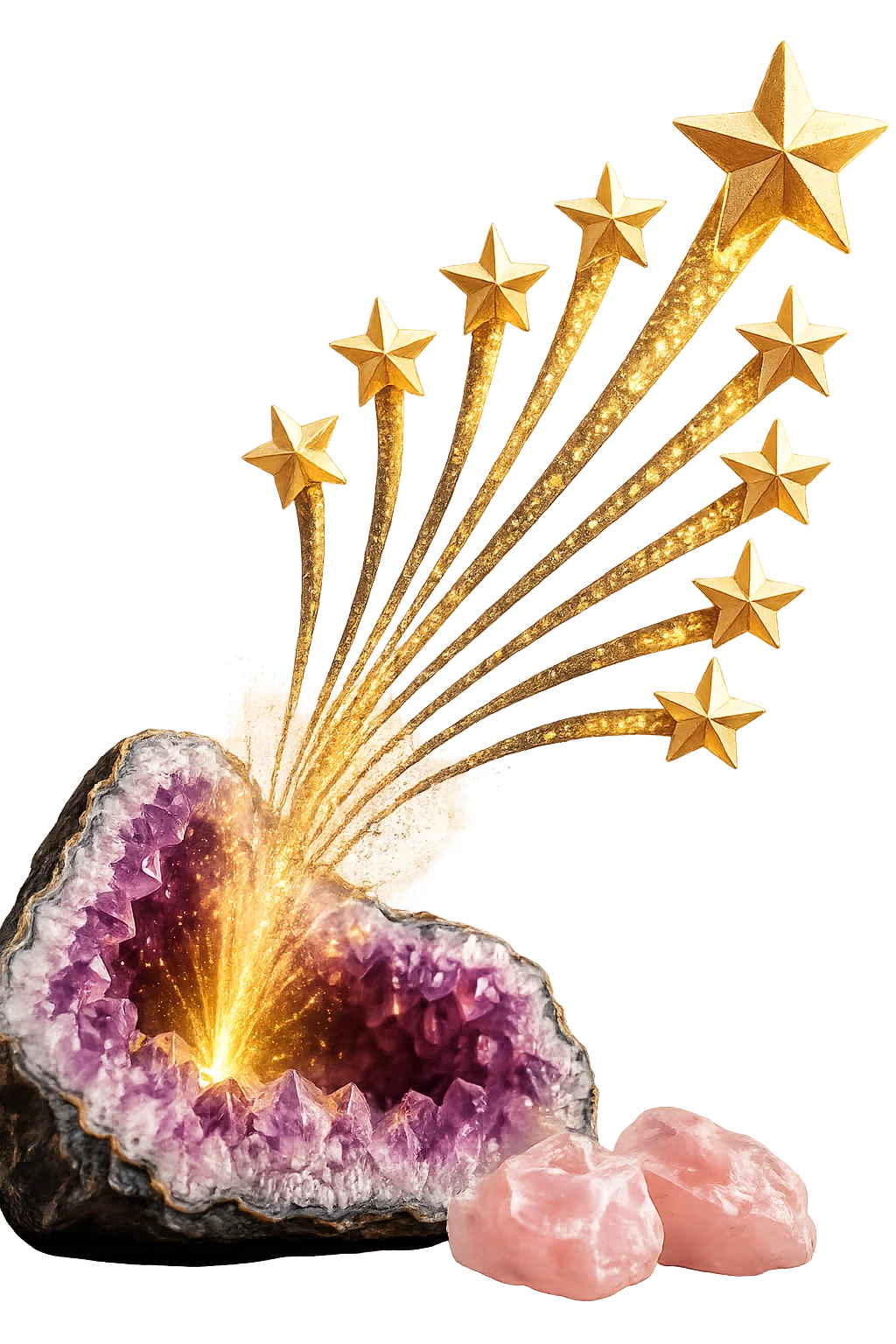 Freigestellte Amethyst-Geode mit goldenem Sternenschweif und Rosenquarz
